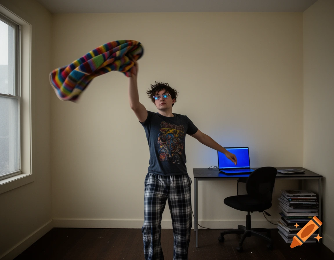 A person with messy hair and glasses, wearing a t-shirt and plaid pajama pants, throws a colorful blanket in a sparsely furnished room.