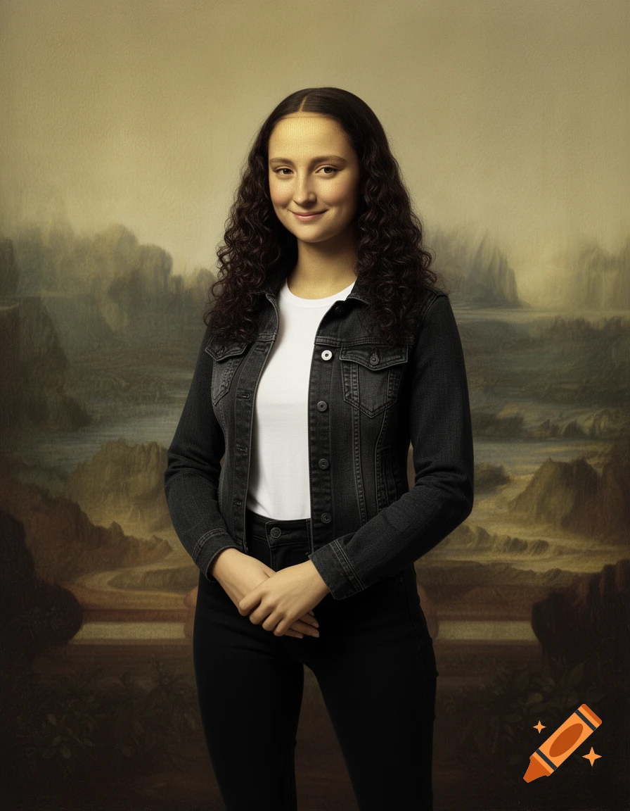 A modern, younger version of the Mona Lisa with curly dark hair, wearing a black denim jacket, white t-shirt, and black pants, standing against the original Mona Lisa landscape background.