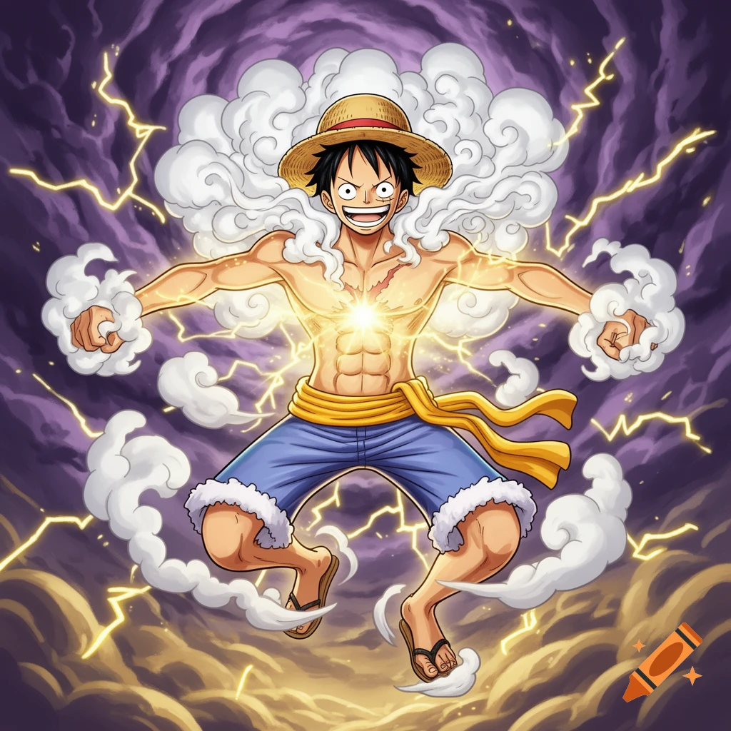 Anime character Monkey D. Luffy in his Gear 5 form, surrounded by white clouds and yellow lightning, with a glowing chest, wearing blue shorts and a straw hat.