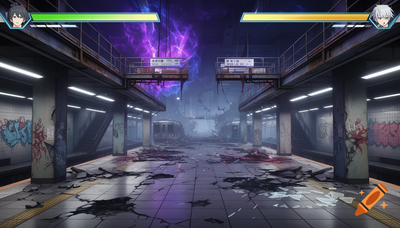 A damaged, stylized underground subway station serving as a fighting game background, with purple and blue energy, anime character portraits, and two abandoned trains.