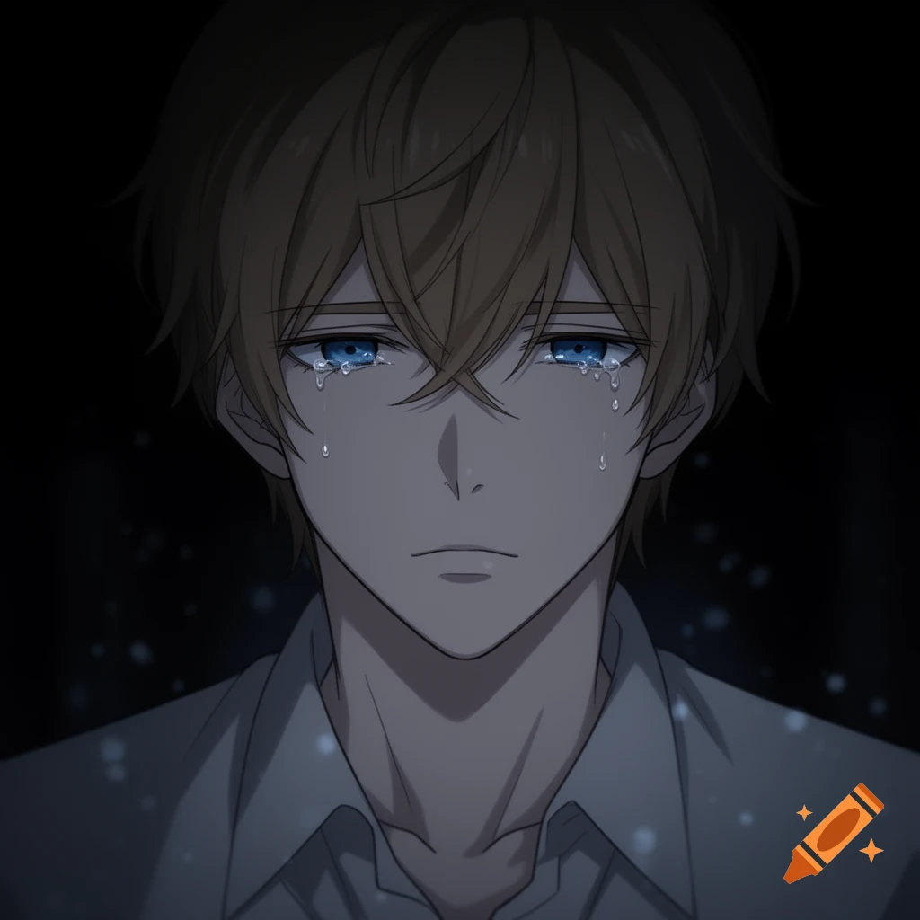 An anime portrait of a sad young man with light brown hair and blue eyes crying in the dark.
