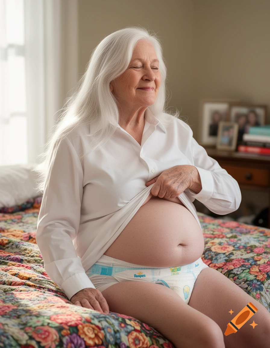 Elderly woman with white hair smiling, lifting her shirt to show her belly and a Pampers diaper while sitting on a floral bed.