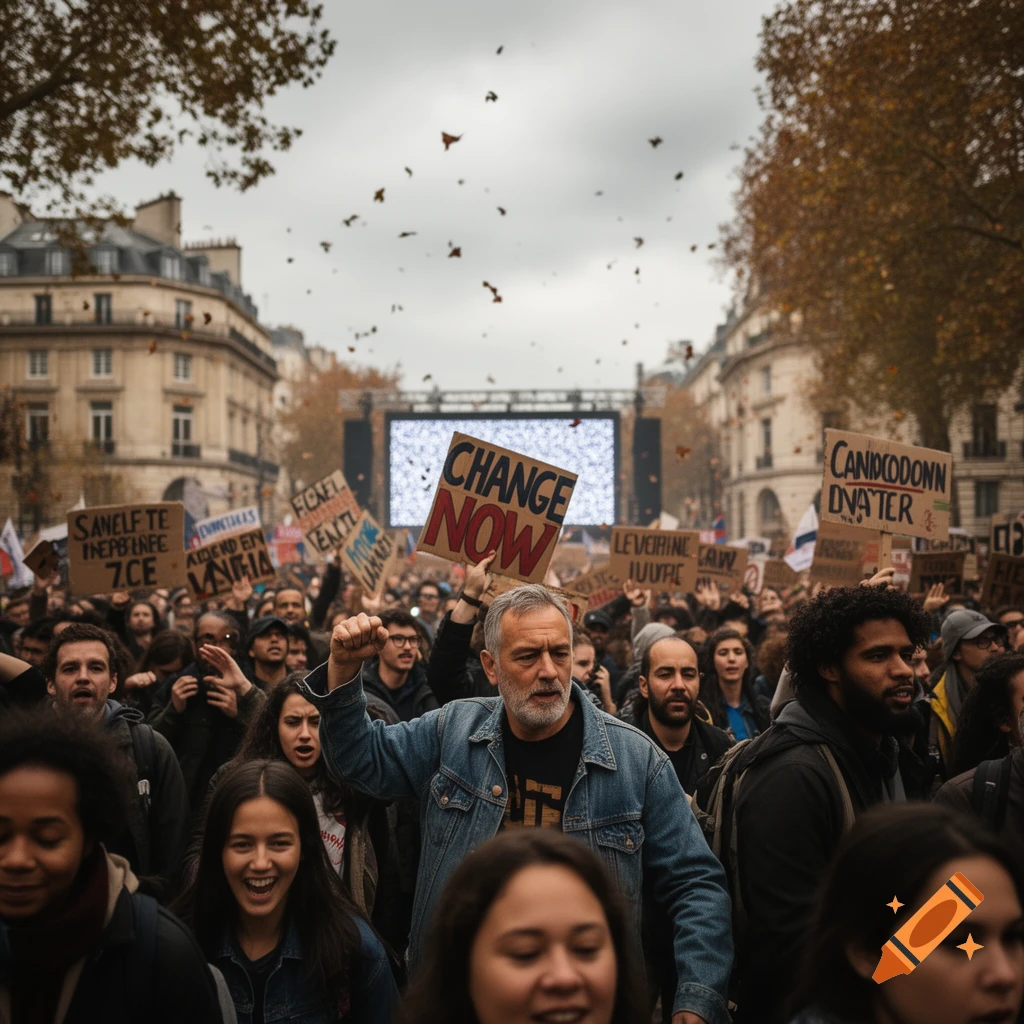 A large crowd of people march in a street protest, with a man in a denim jacket holding a sign that says "CHANGE NOW" in the foreground. Many other signs are visible, along with a large screen in the background.