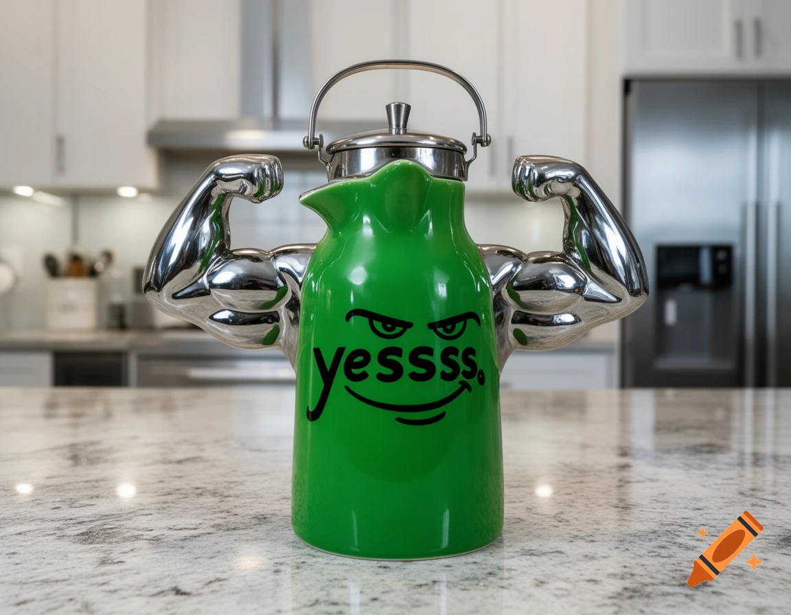 A green coffee pot with muscular silver arms stands on a kitchen counter, featuring a "yessss" face.