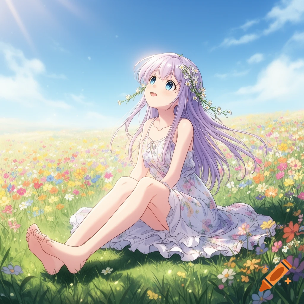 Anime girl with purple hair and a flower crown sitting in a sunny field of colorful wildflowers, looking up at the blue sky.