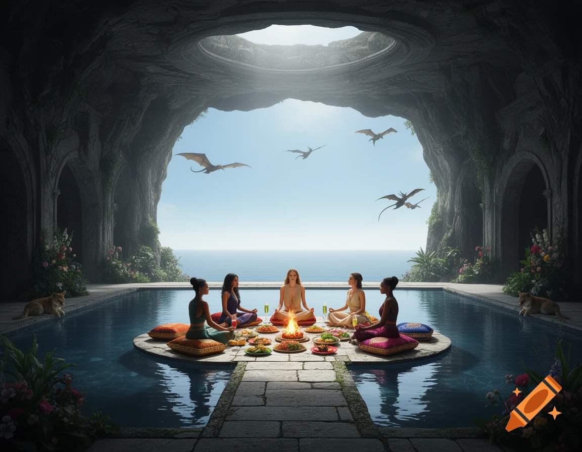 Five women meditate around a fire with food in a mystical cave with a pool, open sky, and flying dragons, photorealistic.