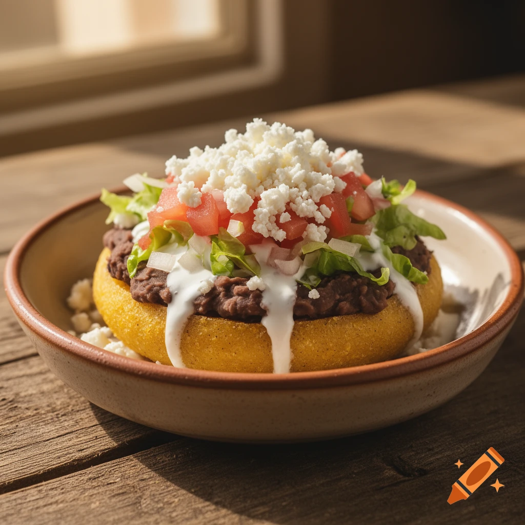 A close-up of a sope topped with refried beans, lettuce, diced tomatoes, onions, crema, and crumbled cheese in a rustic bowl on a wooden table.