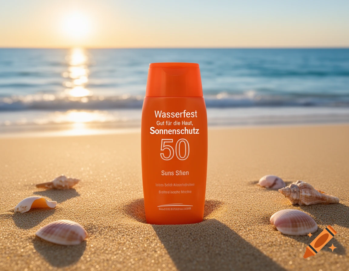 An orange sunscreen bottle sits on a sandy beach, surrounded by seashells, with the ocean and a sunset in the background.