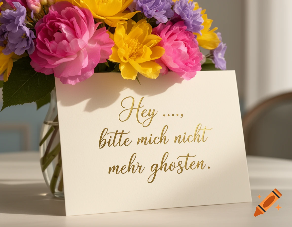 A close-up shot of a white greeting card with golden script that reads "Hey ...., bitte mich nicht mehr ghosten." A vibrant bouquet of pink, yellow, and purple flowers in a glass vase is behind it.