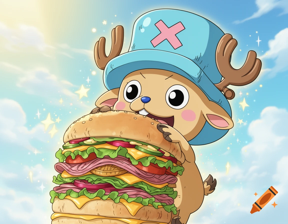 Happy cartoon reindeer character, Chopper from One Piece, wearing a blue hat with a pink 'X', holds and eats a giant multi-layered sandwich against a blue sky with sparkling effects.