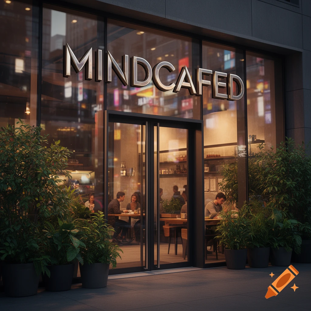 A modern cafe storefront with a metallic 'MINDCAFED' sign, people dining inside, and potted plants outside.