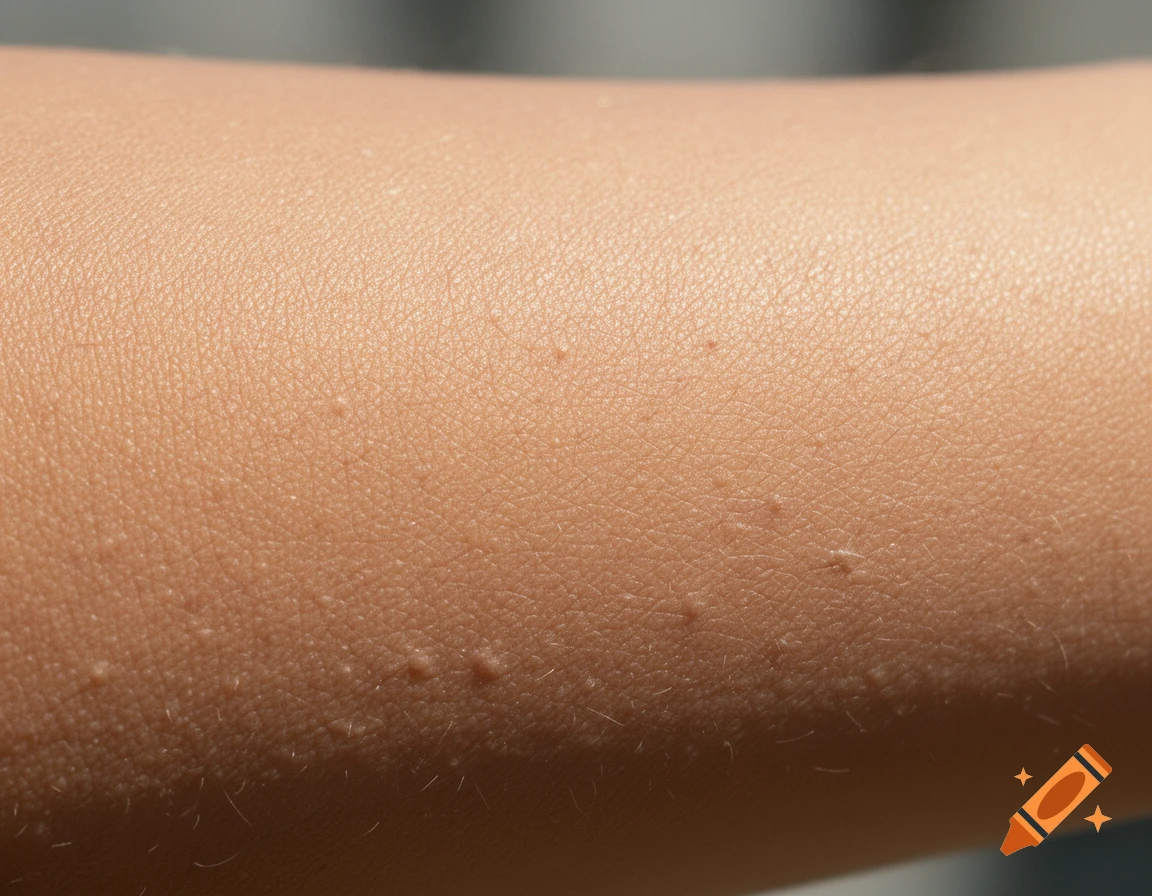 Close-up, photorealistic view of light-toned human skin on an arm, showing natural texture and small bumps.