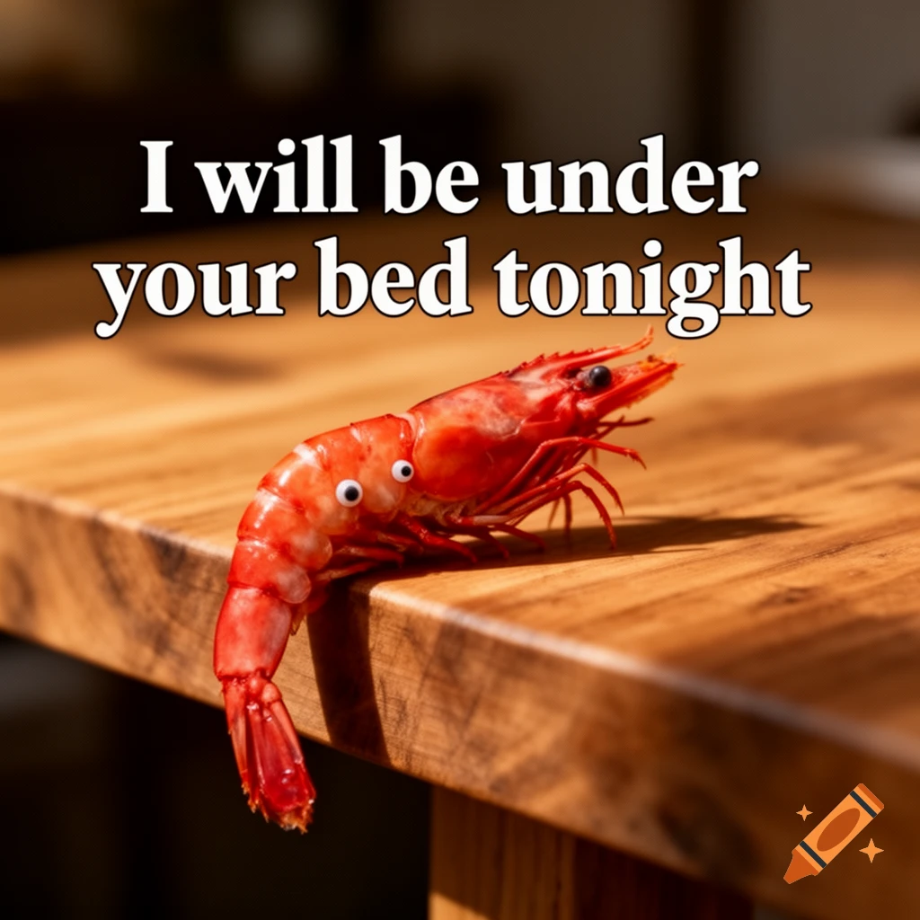 A red shrimp with googly eyes sits on a wooden table with the text 'I will be under your bed tonight' overlayed.
