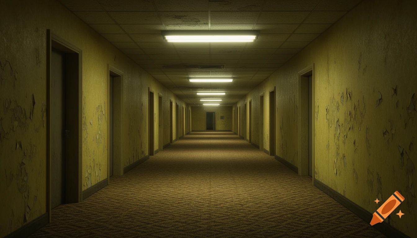 A long, dimly lit hallway with peeling yellow wallpaper, fluorescent lights on the ceiling, and patterned brown carpet, evoking a liminal space.