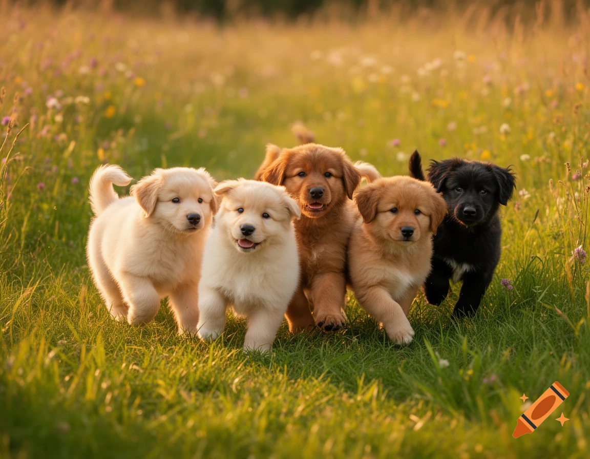 Five adorable puppies, including light, brown, and black fur, walk through a sunlit grassy field with wildflowers.