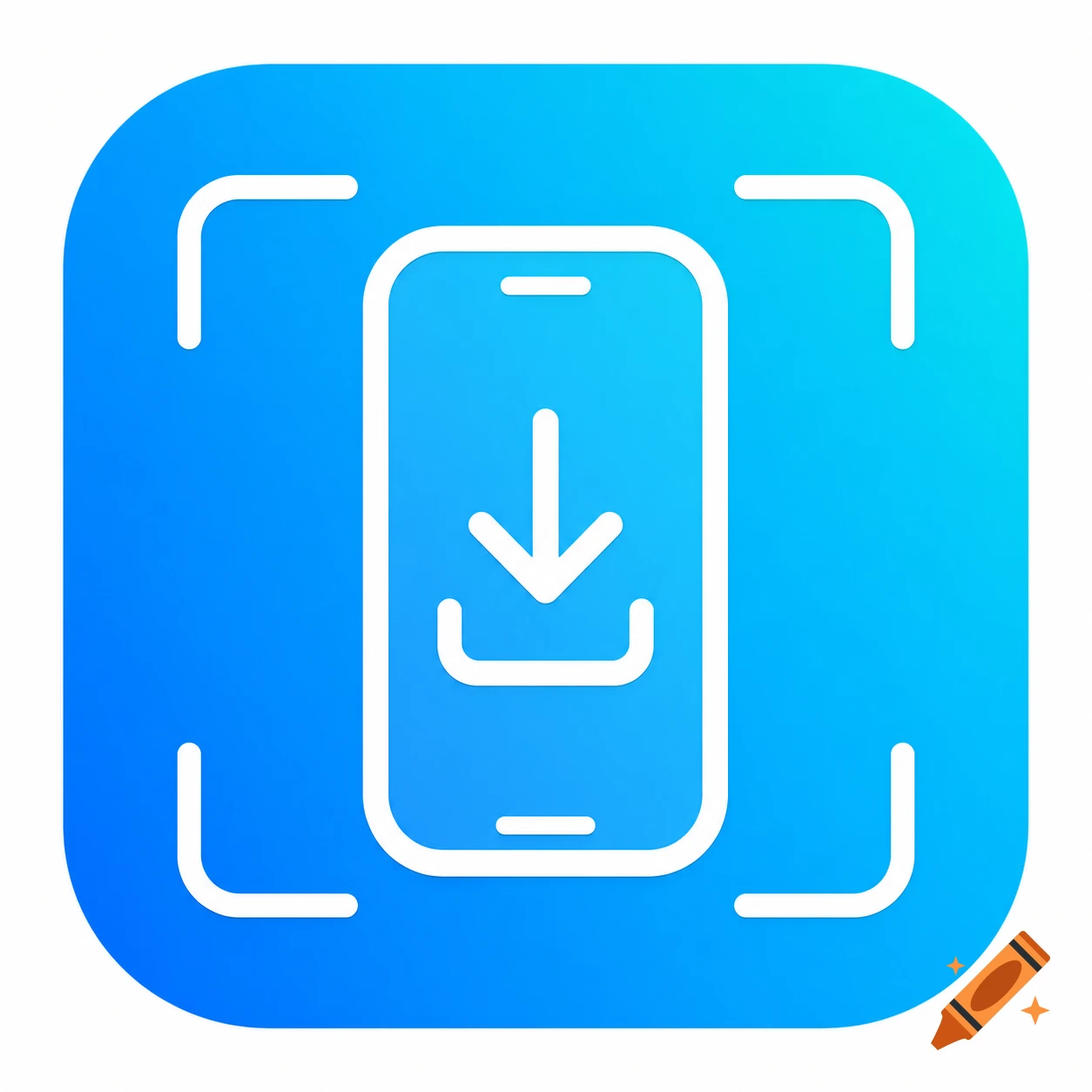 A minimalist app icon featuring a smartphone with a download arrow inside a dashed square frame, on a blue to cyan gradient background.
