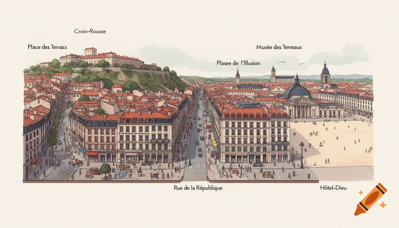 An illustrated aerial view of Lyon, France, showing the Croix-Rousse hill, Rue de la République, and various landmarks in a watercolor style.