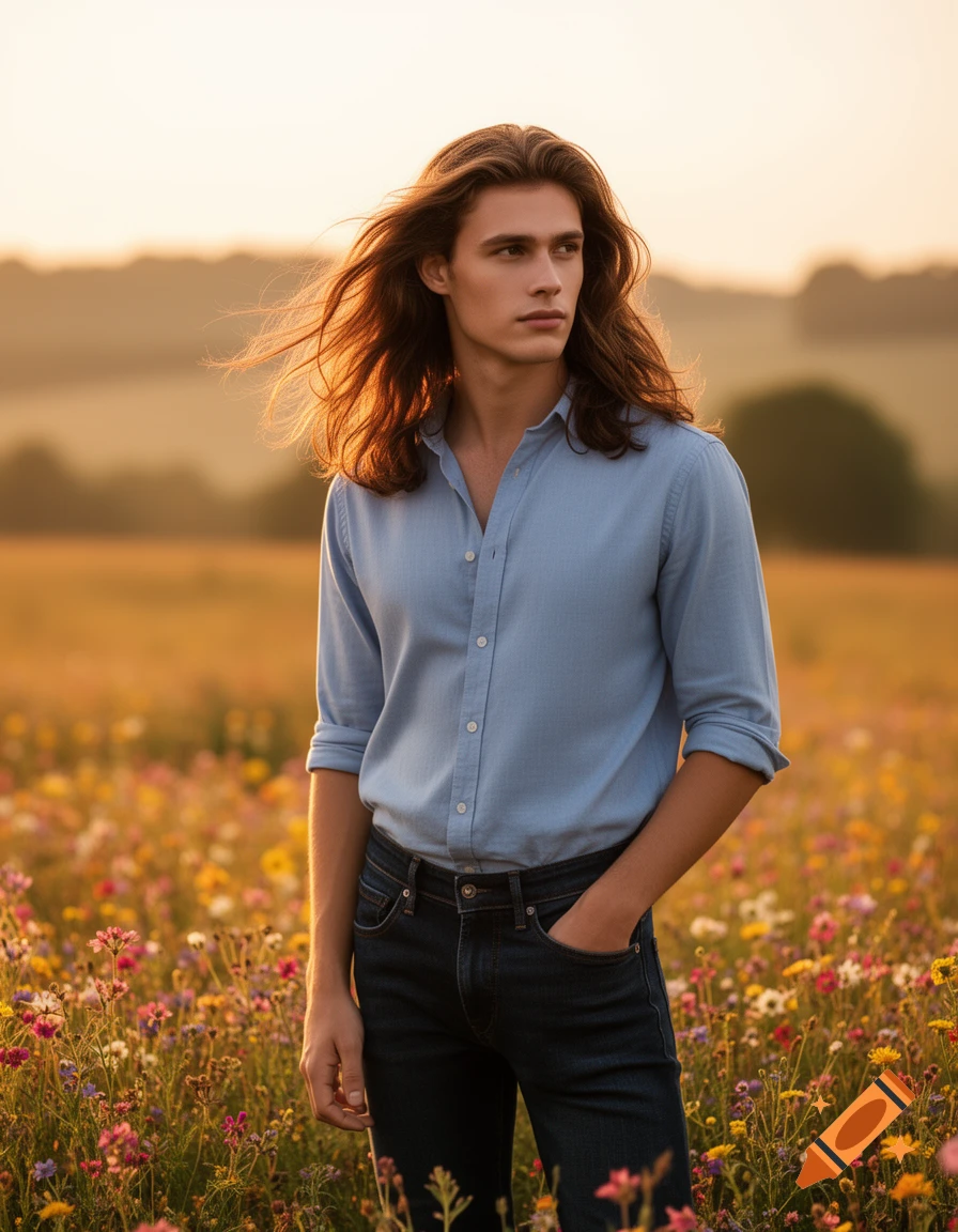 A handsome man with long brown hair wearing a blue shirt and jeans stands in a field of colorful wildflowers at sunset.