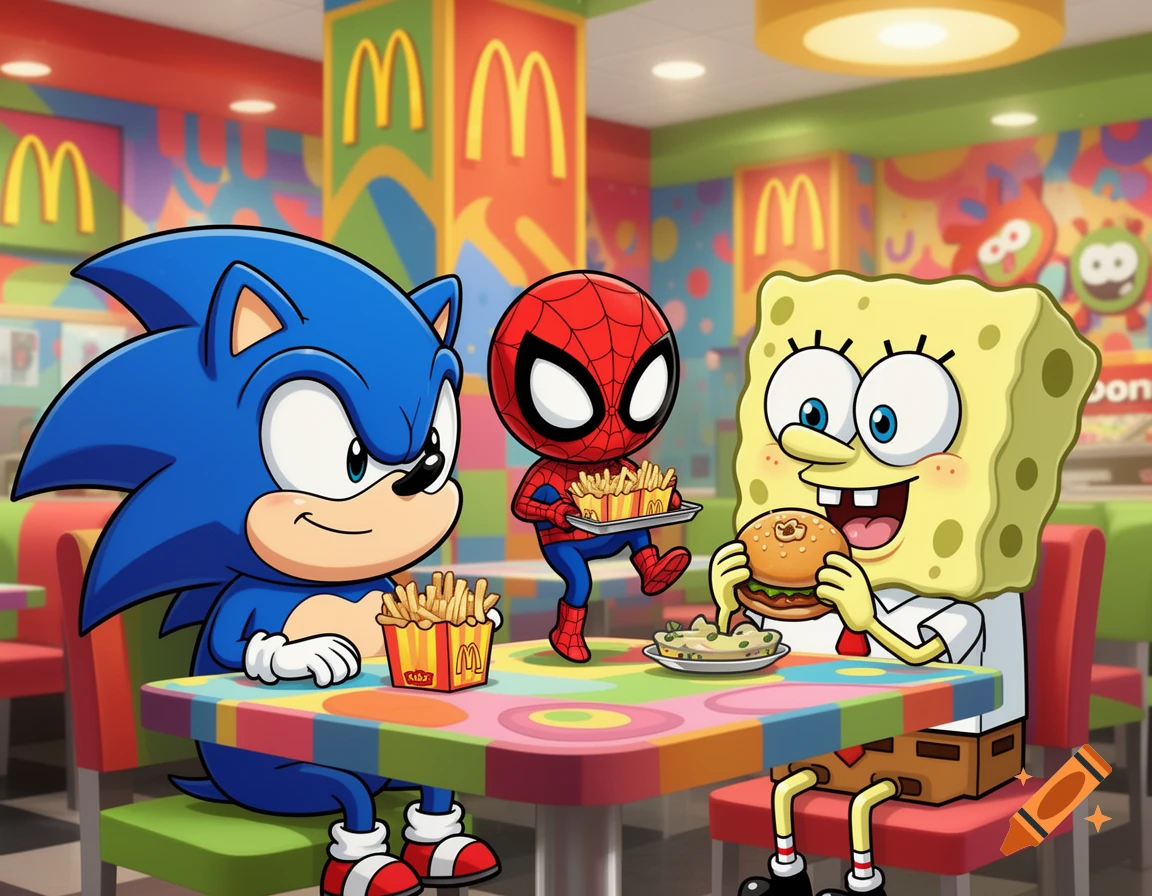 Chibi Sonic, Spider-Man, and Spongebob eat at McDonald's, with Sonic and Spider-Man having fries and Spongebob eating a burger.