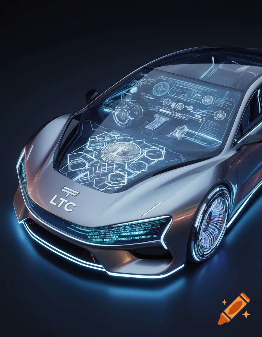 A sleek, futuristic silver car with glowing blue accents and holographic crypto-themed displays, including an LTC logo and a Bitcoin symbol.
