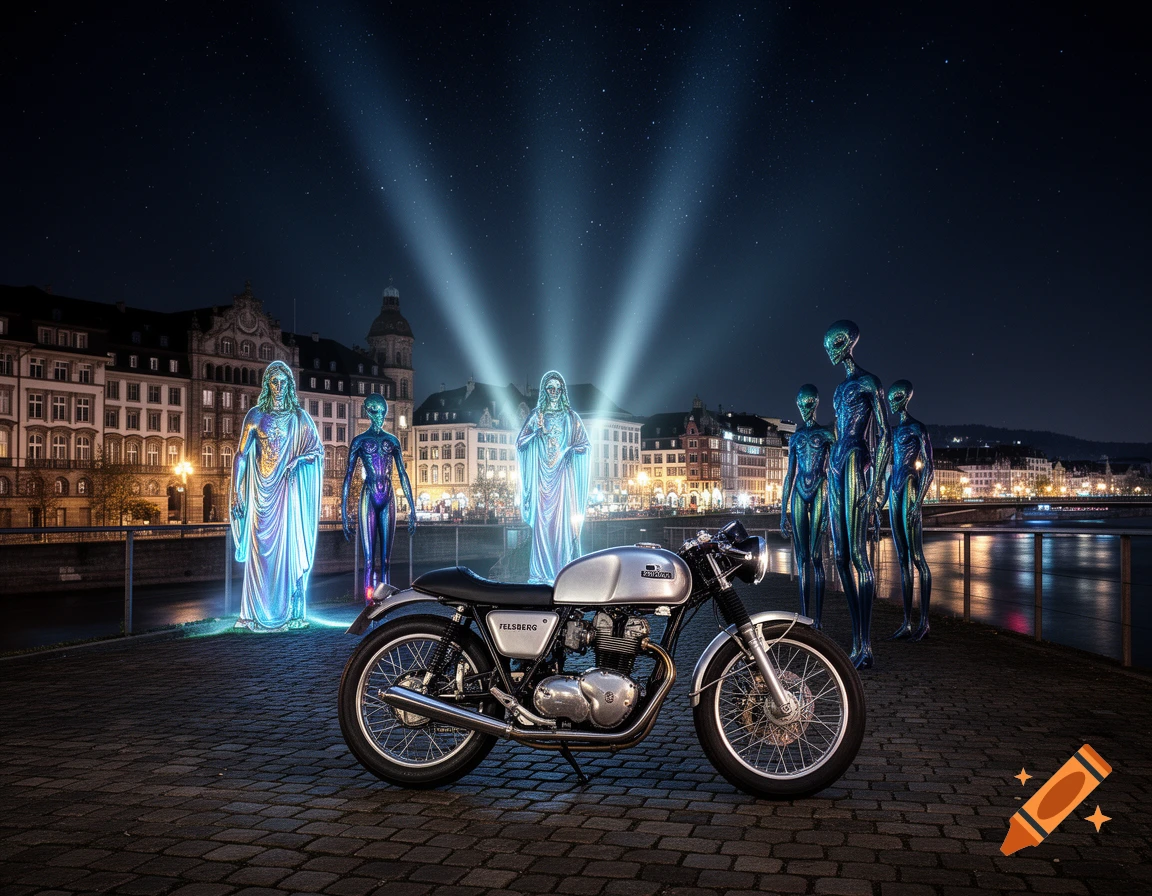 A silver motorcycle on a cobblestone street at night, with glowing ethereal figures resembling Jesus and shiny blue aliens standing around, against a cityscape background.