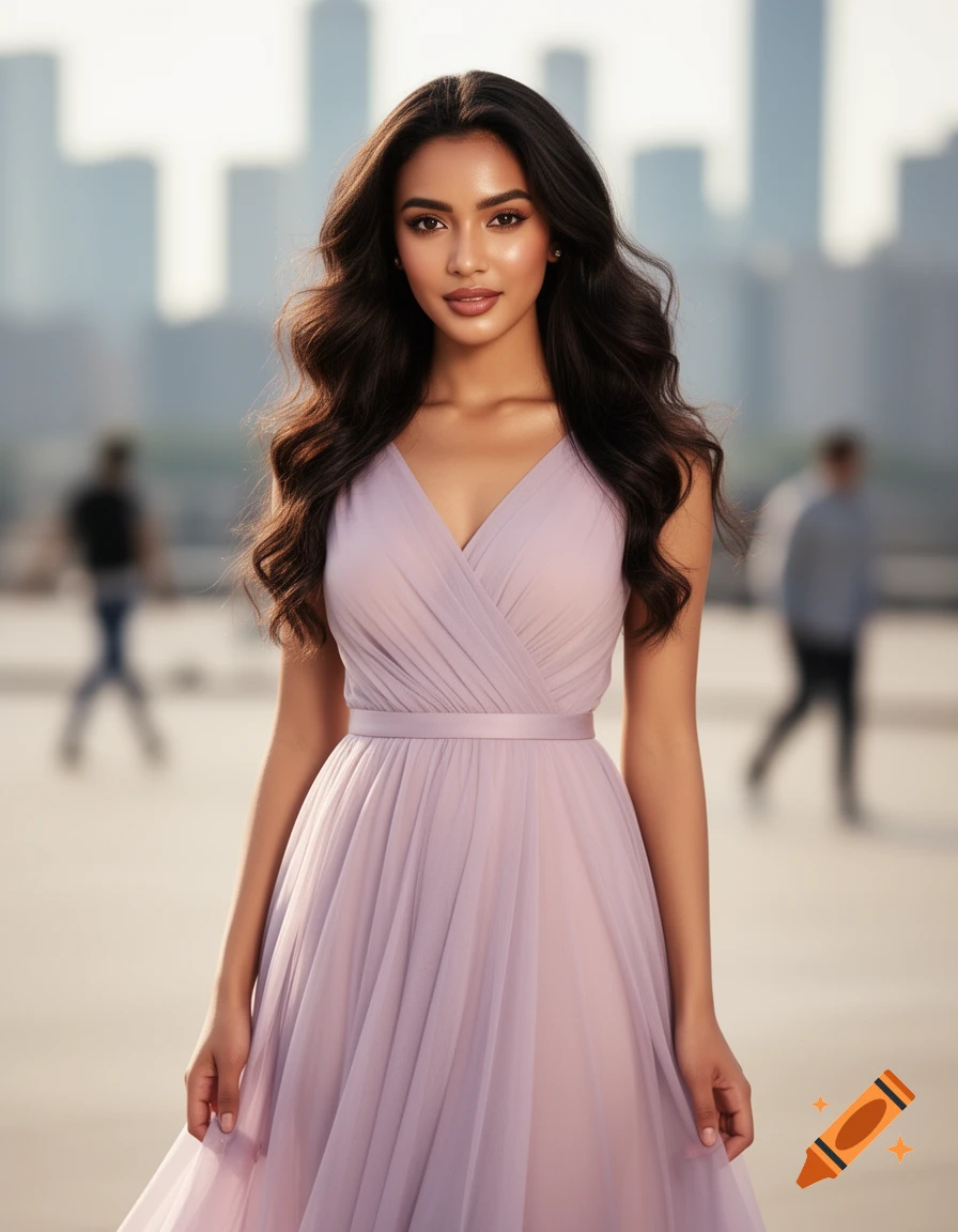 A beautiful woman with long dark hair wearing a flowing light purple dress stands against a blurred city skyline.