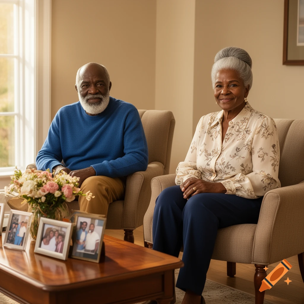 An elderly Black couple smiles from armchairs in a cozy living room, with framed photos and flowers on a coffee table.