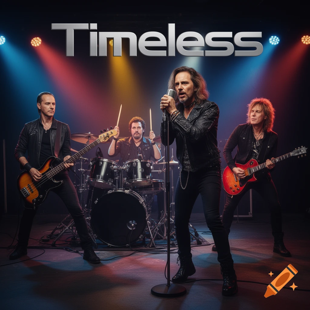A rock band named Timeless performing on stage under red, blue, and yellow spotlights, featuring a singer, guitarist, bassist, and drummer.