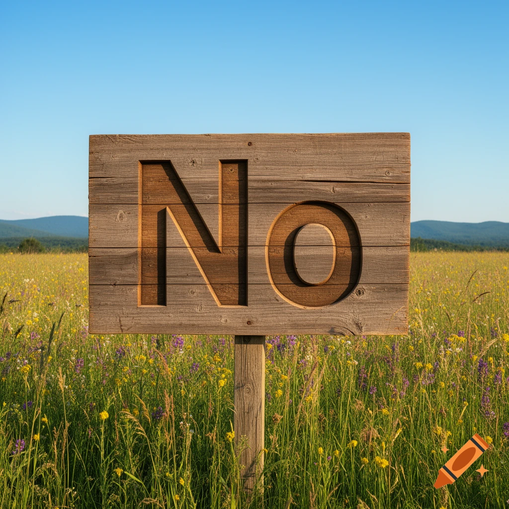 Photorealistic image of a weathered wooden sign with the word 'NO' carved into it, standing in a sunny field of wildflowers.