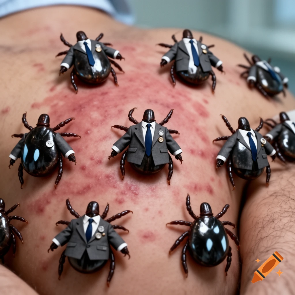 Many large, dark ticks, some wearing tiny grey suits and blue ties, crawl on a human torso covered in a red rash.