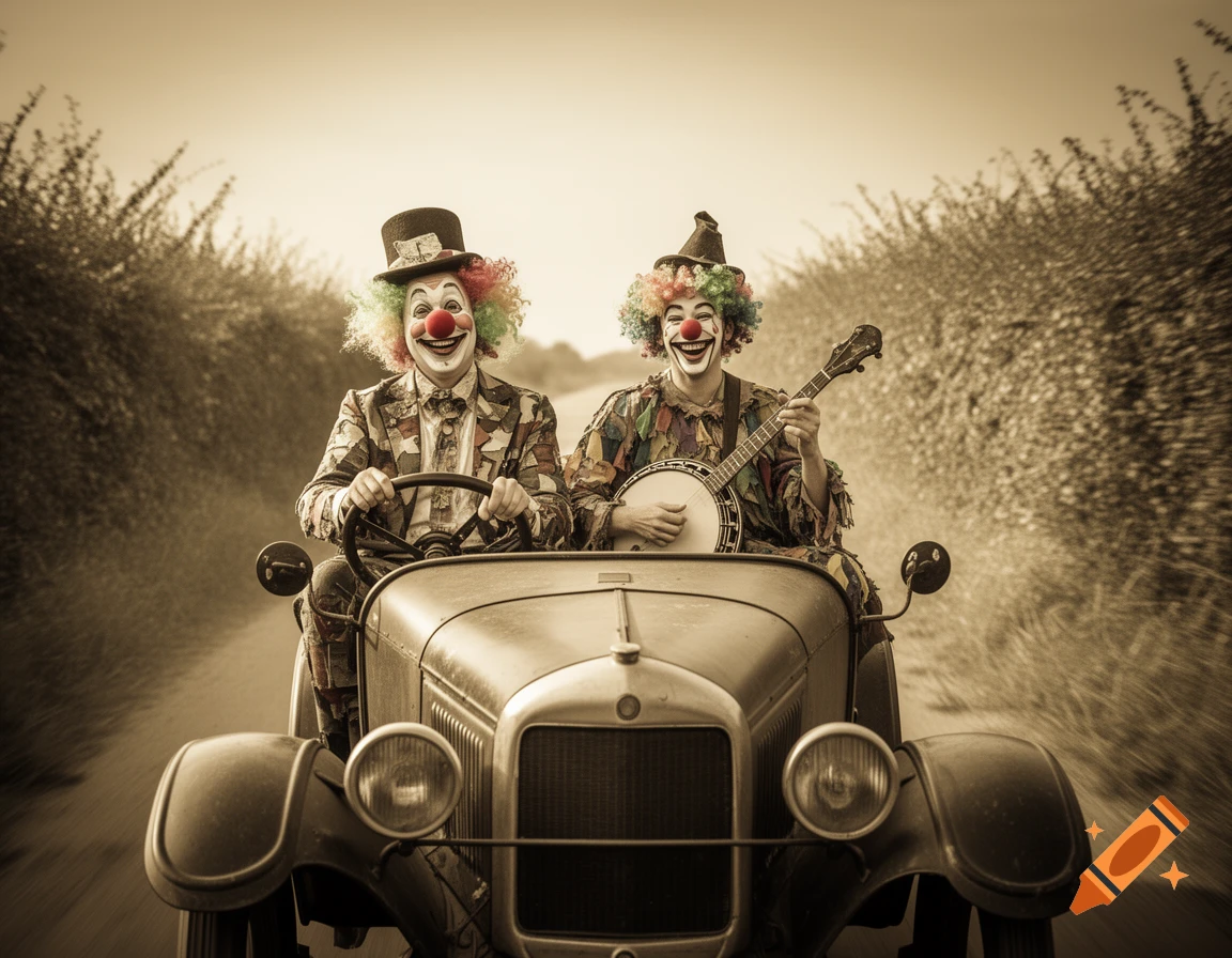Two smiling clowns with colorful wigs and makeup, one driving a vintage car, the other playing a banjo, in a sepia-toned image.