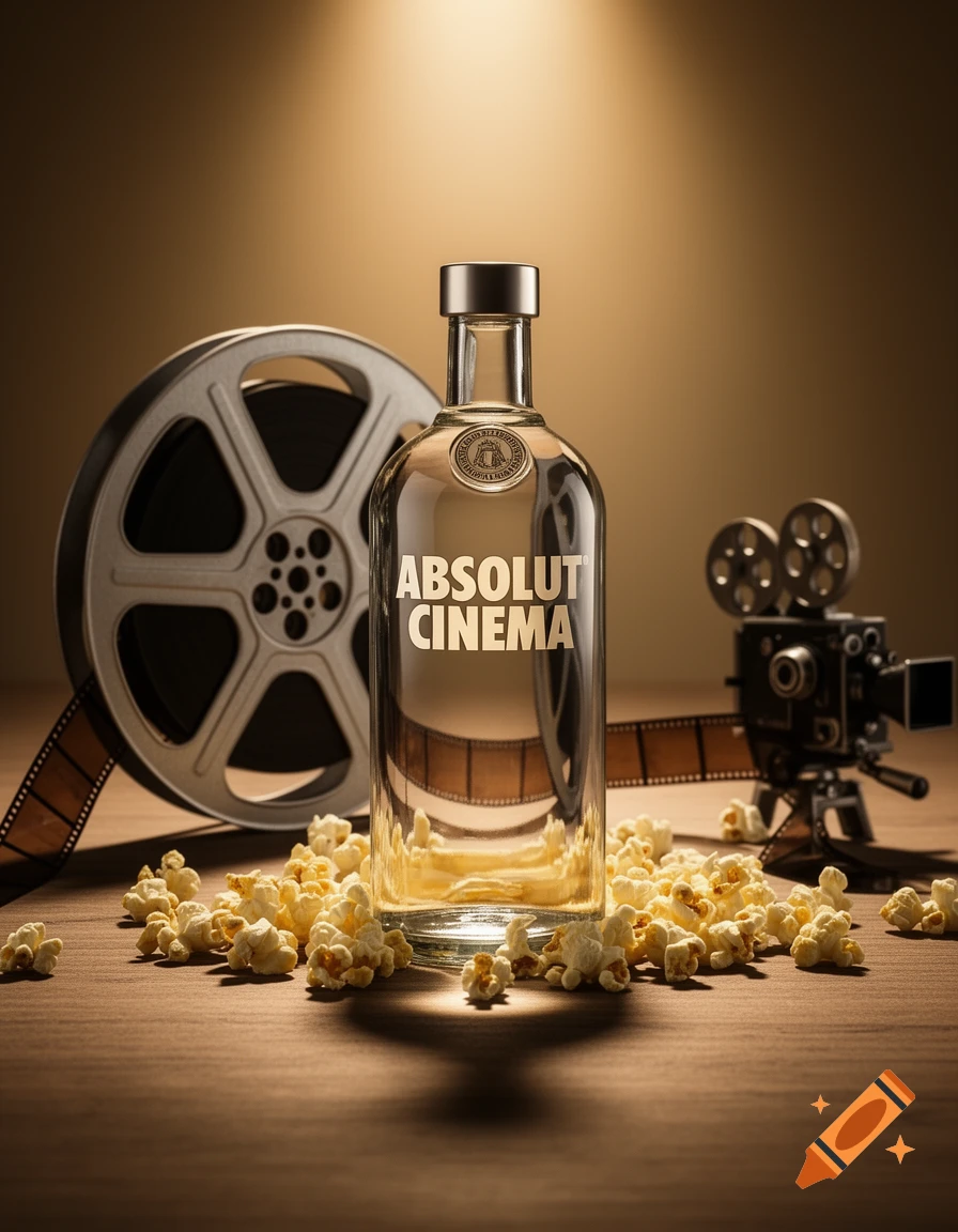 A clear bottle of ABSOLUT CINEMA vodka, popcorn, a film reel, and a vintage camera on a wooden surface, under a spotlight.