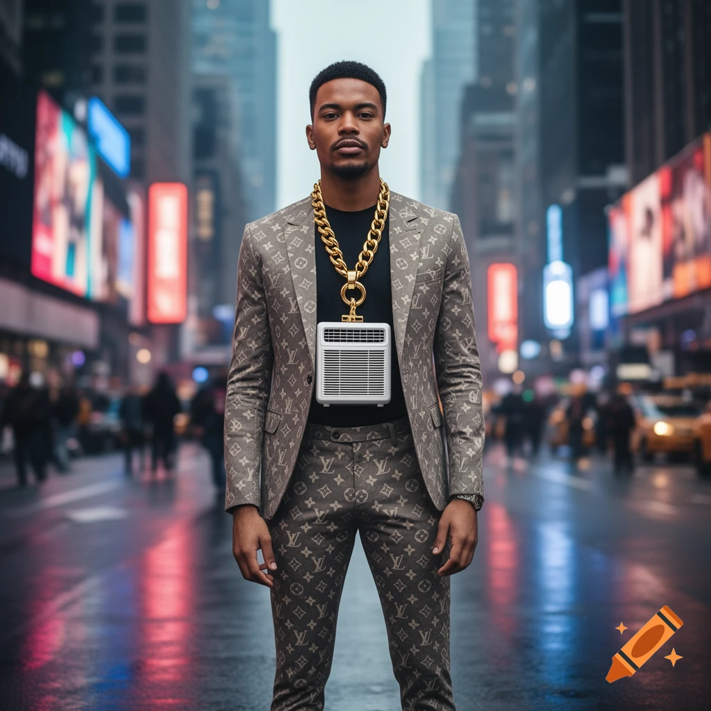 A man in a Louis Vuitton-patterned suit and a large gold chain with an air conditioner pendant stands on a wet urban street at night.