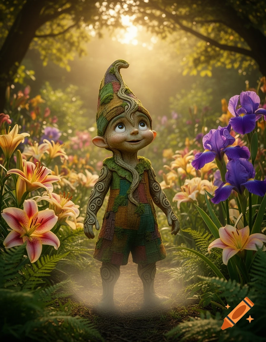 A whimsical gnome-like creature with a patchwork hat and bark-like skin stands in a magical forest surrounded by colorful flowers, looking up at the sunlight.