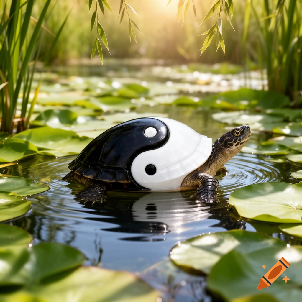 A photorealistic image of a turtle with a black and white Yin and Yang symbol on its shell, swimming in a sunny pond with lily pads.
