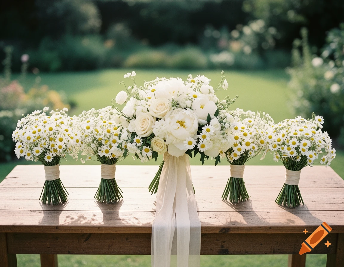 A large white bridal bouquet with roses and peonies, flanked by four smaller daisy bouquets, sits on a wooden table in a sunny garden.