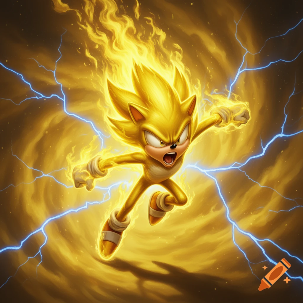 Super Sonic, glowing golden and engulfed in yellow flames, stands in a powerful pose amidst blue lightning.
