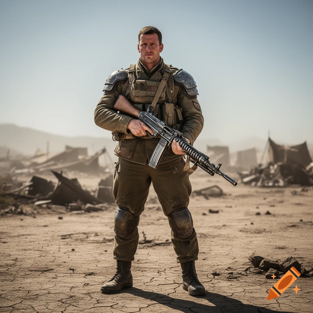 A male soldier in tactical gear stands holding a rifle in a dusty, ruined landscape under a clear sky.