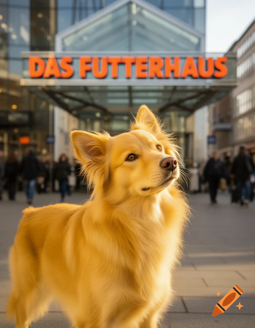 A golden-colored dog stands on a city street in front of a store called 'DAS FUTTERHAUS', looking upwards.