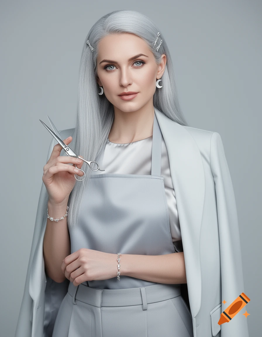 Elegant woman with silver hair, blue eyes, in a grey suit and apron, holding silver scissors, wearing moon earrings.