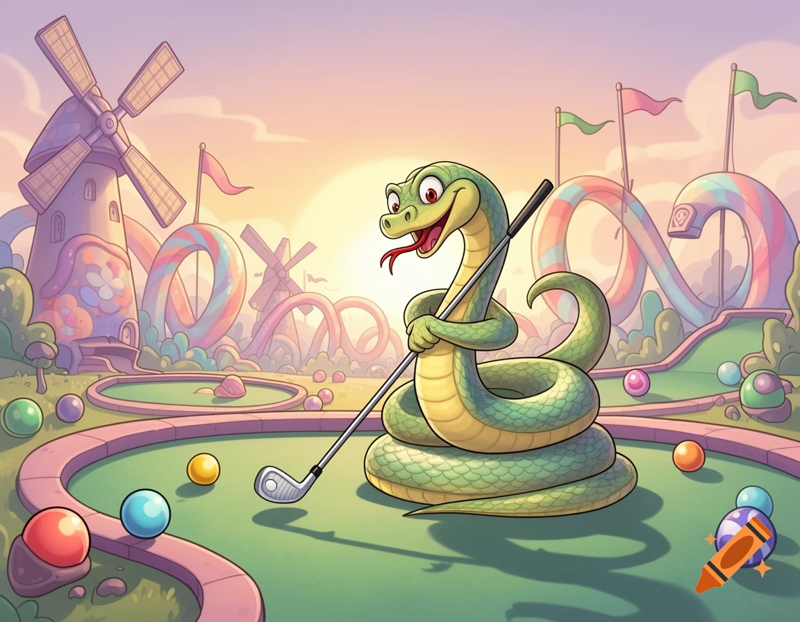 A smiling cartoon snake plays minigolf on a whimsical candy-themed course with windmills and colorful lollipop structures.