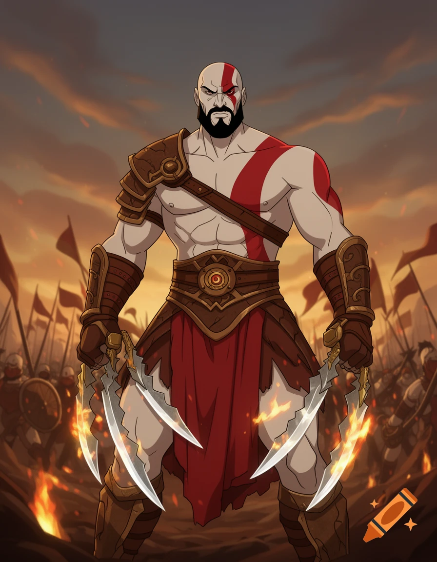 A 2D animated Kratos with red body paint and two blades stands on a fiery battlefield.