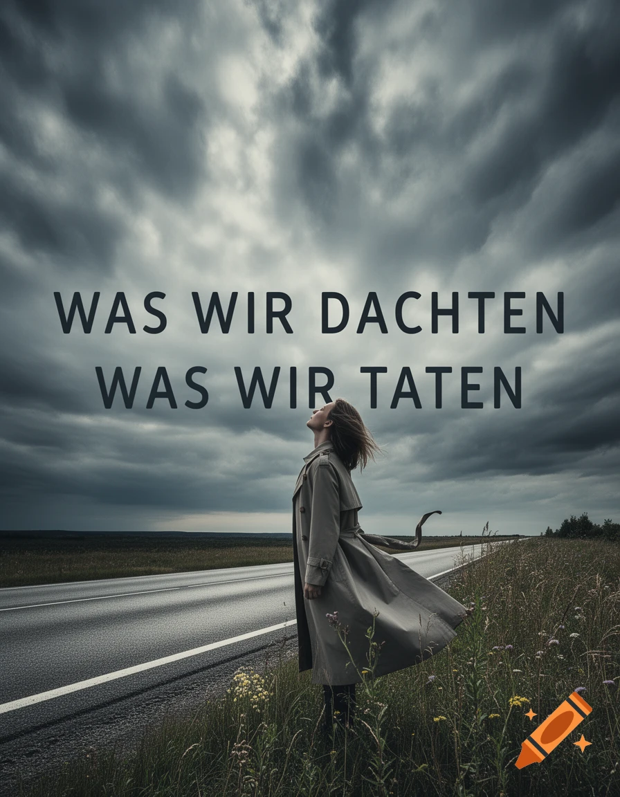Woman in trench coat on roadside under stormy sky, text 'WAS WIR DACHTEN WAS WIR TATEN' overhead.