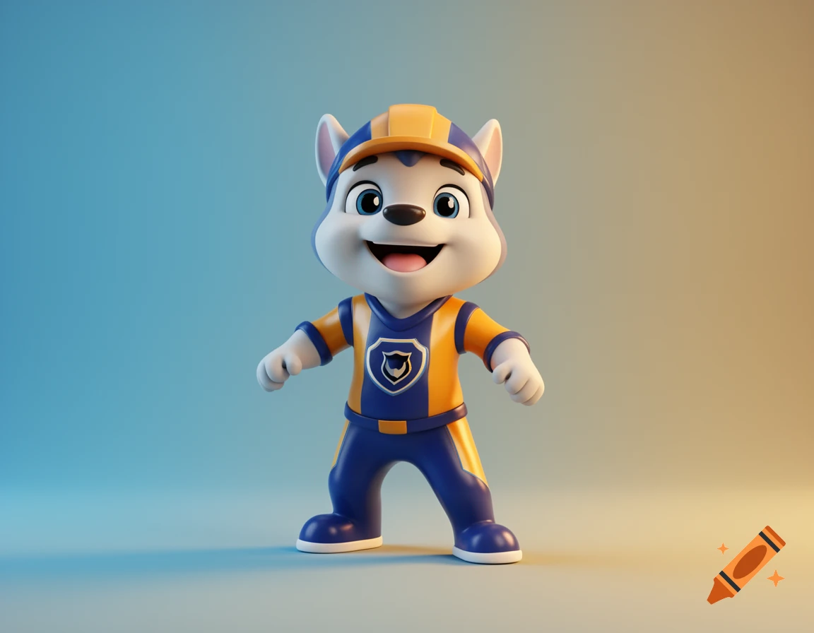 A smiling 3D cartoon wolf mascot in a blue and orange uniform and a yellow hard hat, against a gradient background.