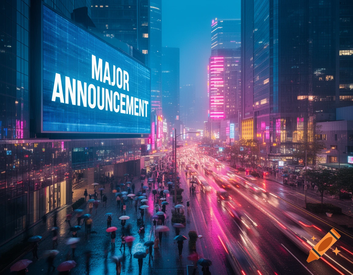 Vibrant, rainy city street at night with blurred car lights, pedestrians, and a large billboard reading 'MAJOR ANNOUNCEMENT'.