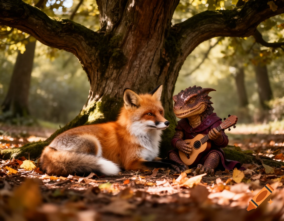 A red fox rests next to a kobold playing a ukulele under a large tree in an autumn forest.