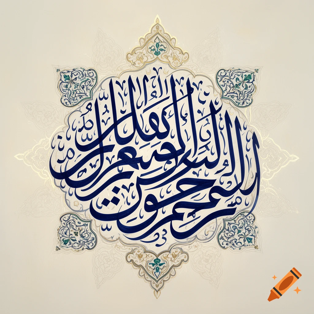 Elegant blue Arabic calligraphy in a star-shaped design, centered on a beige background with subtle gold and green ornamental patterns.