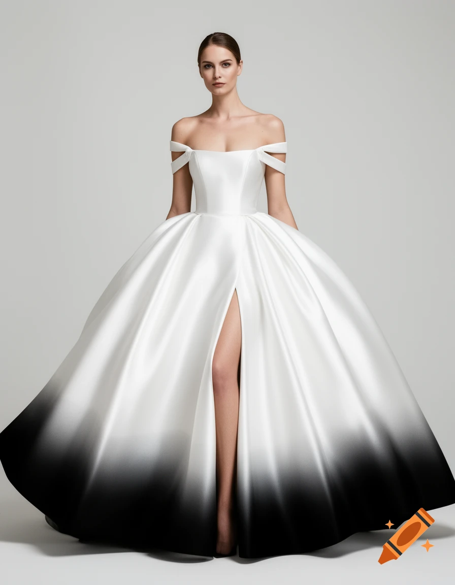 A woman in a white off-the-shoulder wedding gown with a voluminous skirt, high leg slit, and a black gradient hem, studio shot.