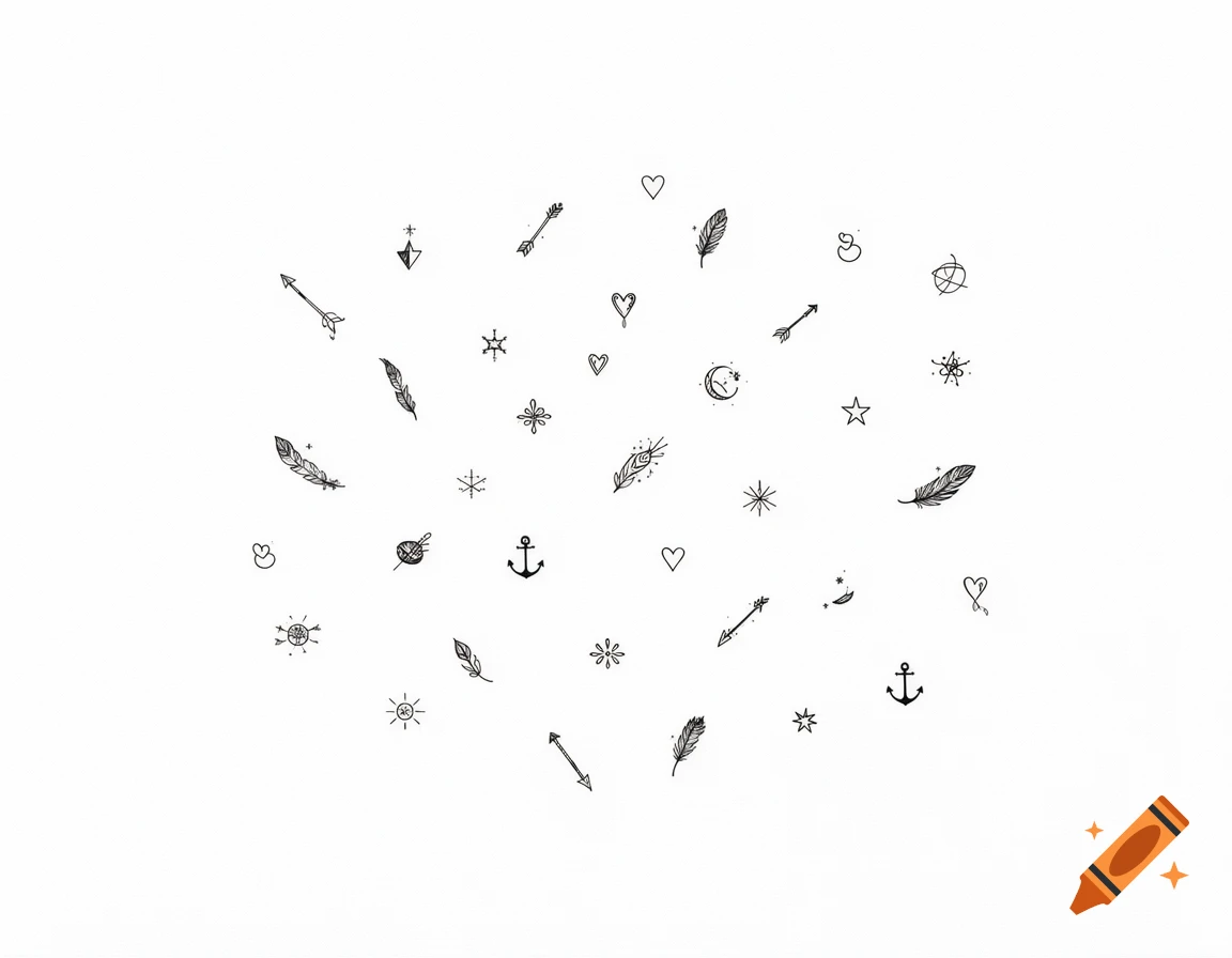 A collection of small, minimalist black line art doodles including feathers, arrows, hearts, anchors, stars, sun, moon, and snowflakes on a white background.