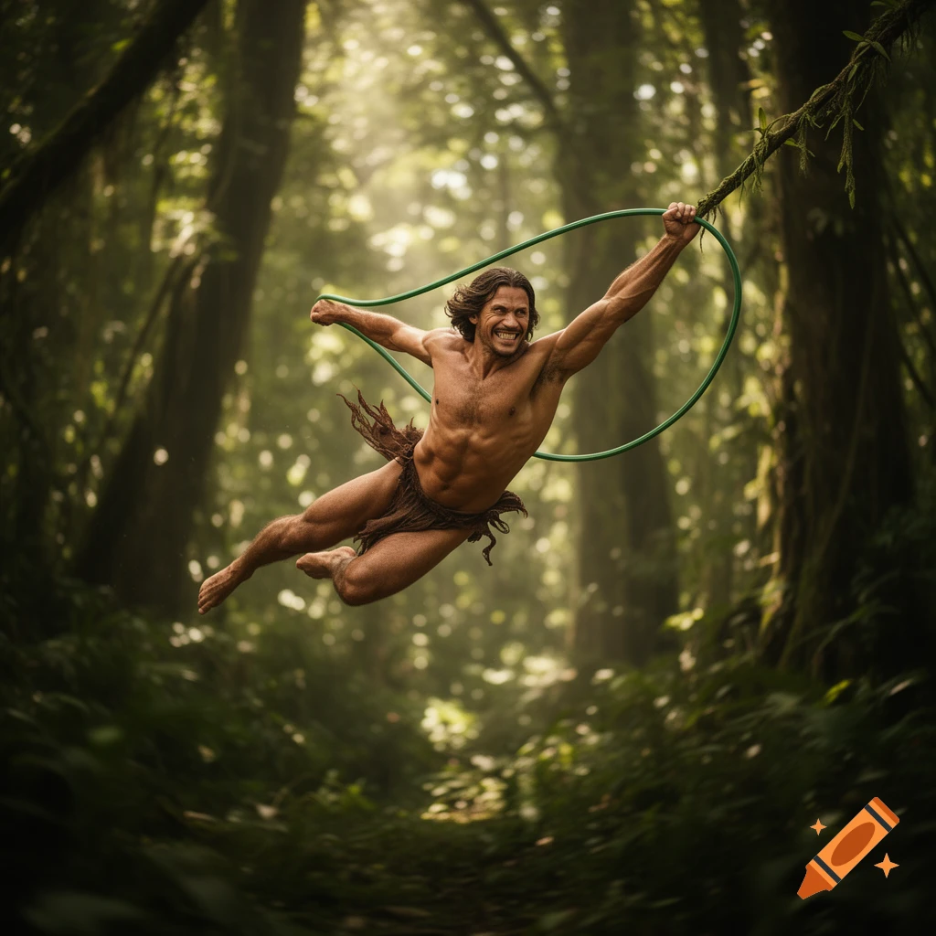 Muscular man resembling Tarzan swinging through a lush green jungle on a green vine-like object, smiling broadly.